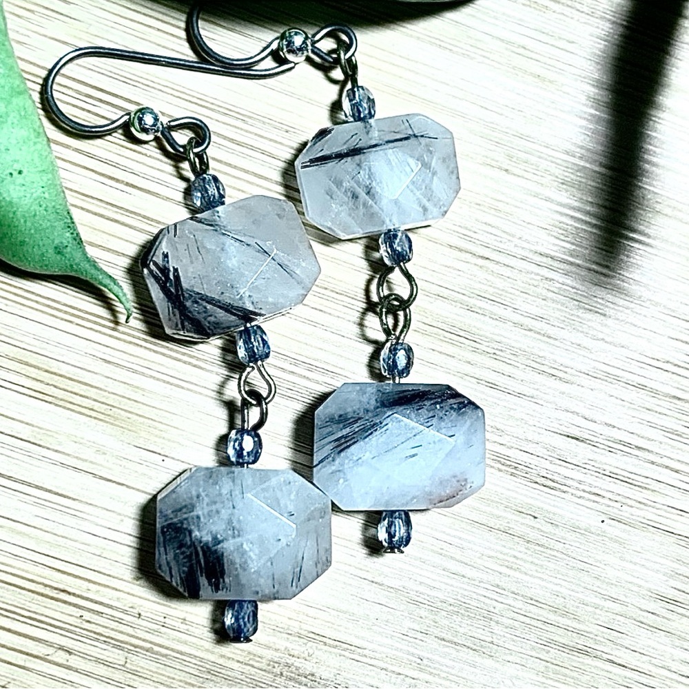 Rutilated Quartz/Tanzanite earrings. Hand made. Good quality. - Picture 5 of 8